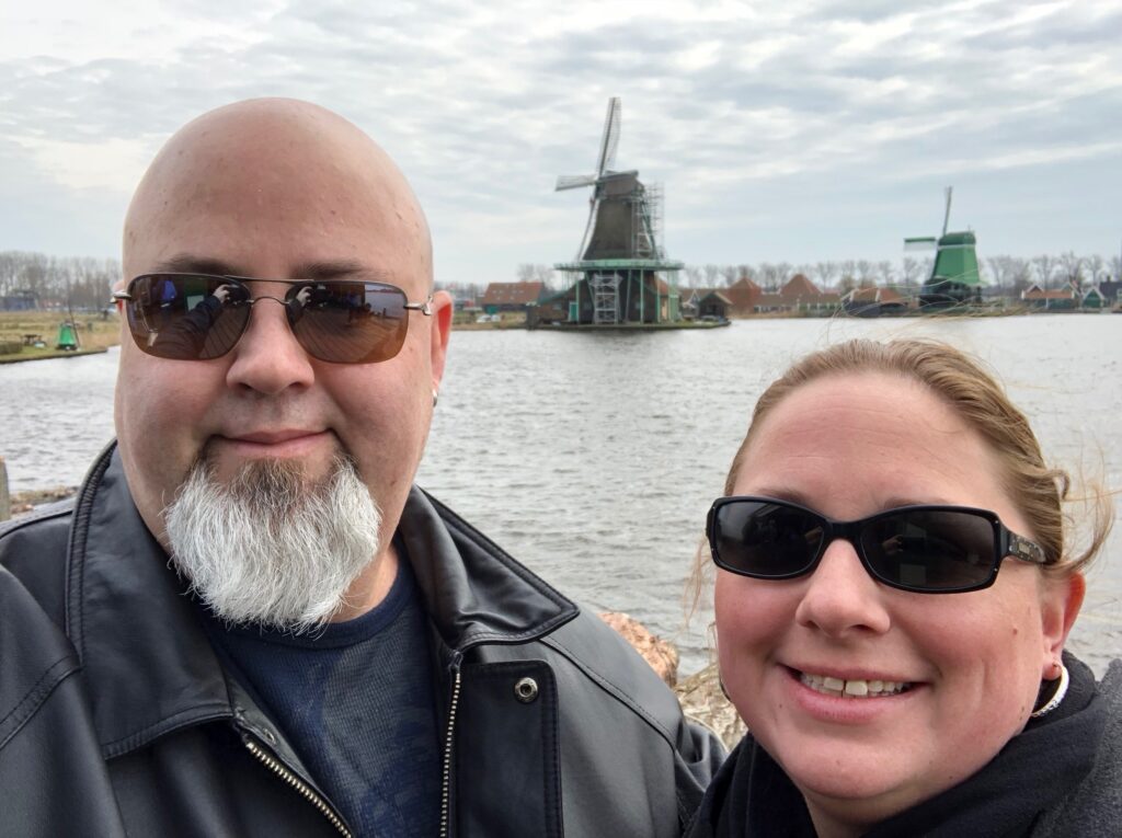Laura and Ken in front of windmills