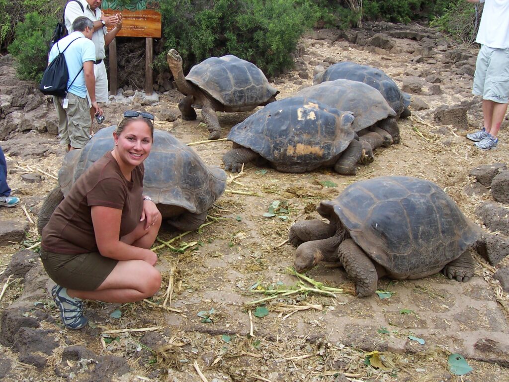 Laura interacting with Galapagos Tortoises