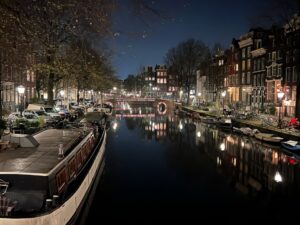 Amsterdam canal at night light up at Christmas